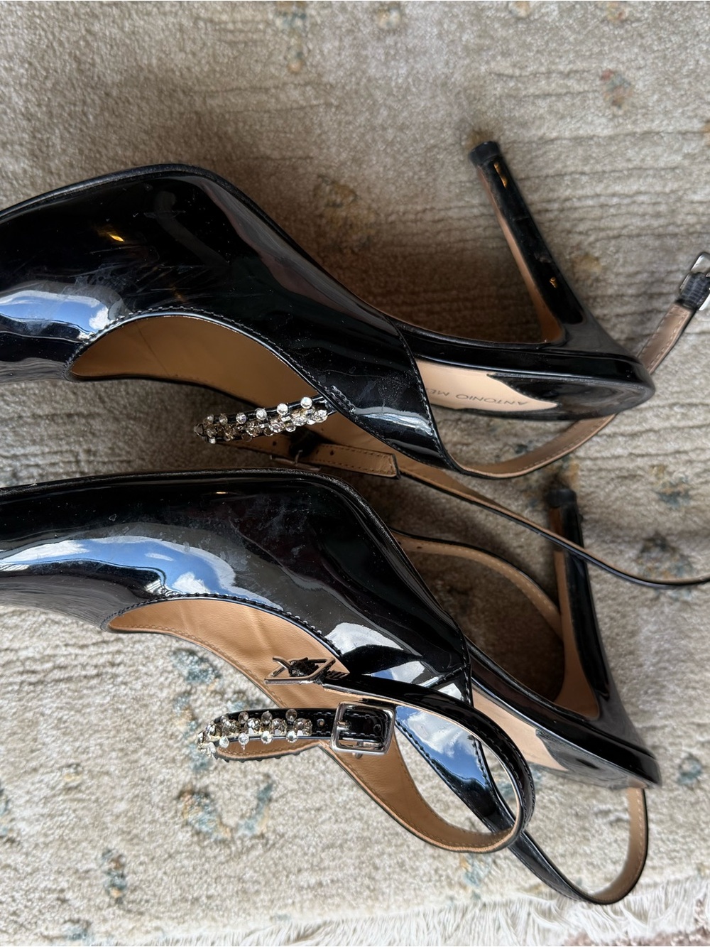 ANTONIO MELANI Black Patent Slingback Heels with Rhinestone Accent
